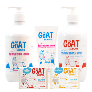 Soothe your Skin Bundle Pack. Bundle includes: The Goat Skincare Moisturising Lotion 500ml The Goat Skincare Moisturising Wash with Manuka Honey 500ml The Goat Skincare Moisturising Cream 100ml – FREE! The Goat Skincare Soap Bar with Manuka Honey 100g The Goat Skincare Soap Bar with Chamomile 100g -FREE!