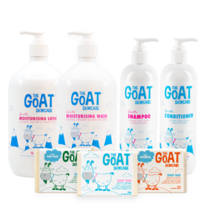 Family Hair & Body Bundle Pack. Including: The Goat Skincare Moisturising Lotion 1L The Goat Skincare Moisturising Wash 1L The Goat Skincare Moisturising Shampoo 500ml – FREE! The Goat Skincare Moisturising Conditioner 500ml The Goat Skincare Soap Bar with PawPaw 100g, The Goat Skincare Soap 100g, The Goat Skincare Soap Oatmeal 100g – 1x FREE SOAP!